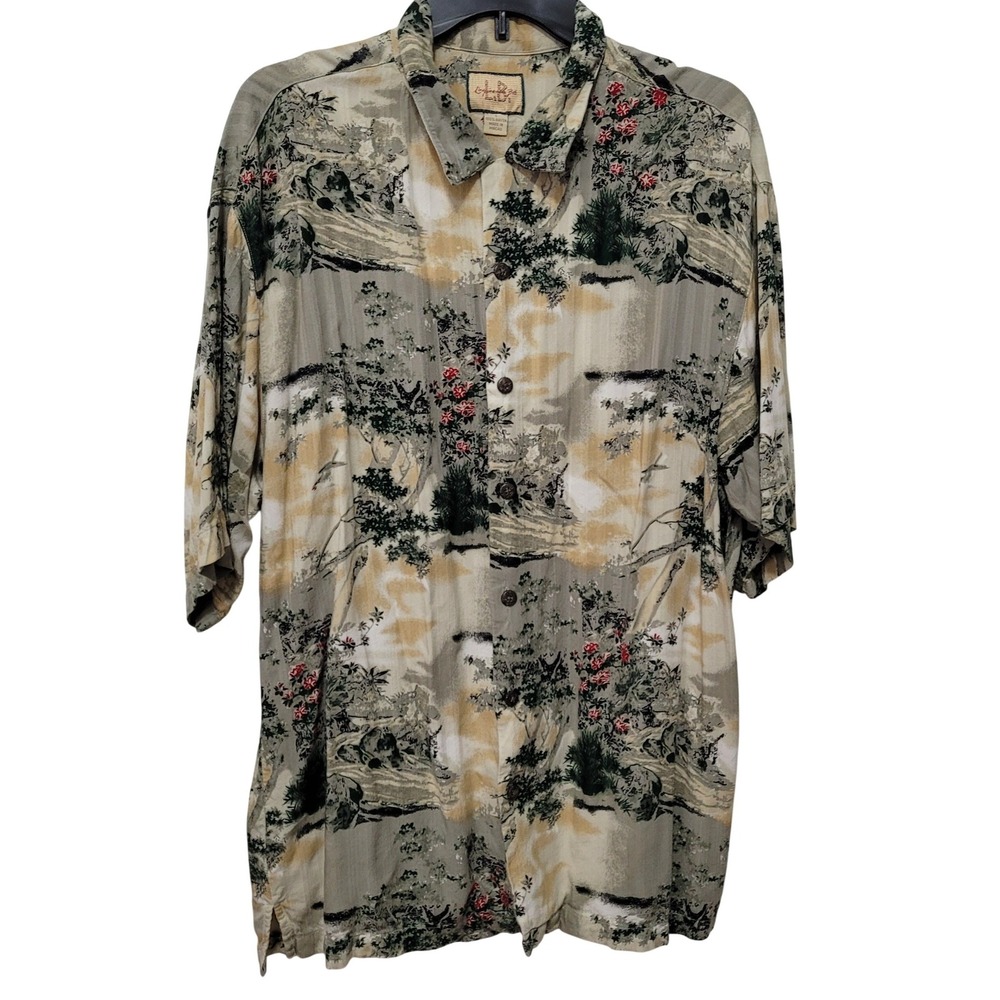 LB Lingai Nuo Rayon Shirt Mens L Short Sleeve Button Up Nature Scene Print